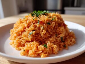 A mound of fluffy, orange-red Spanish rice garnished with fresh chopped parsley on a white plate.