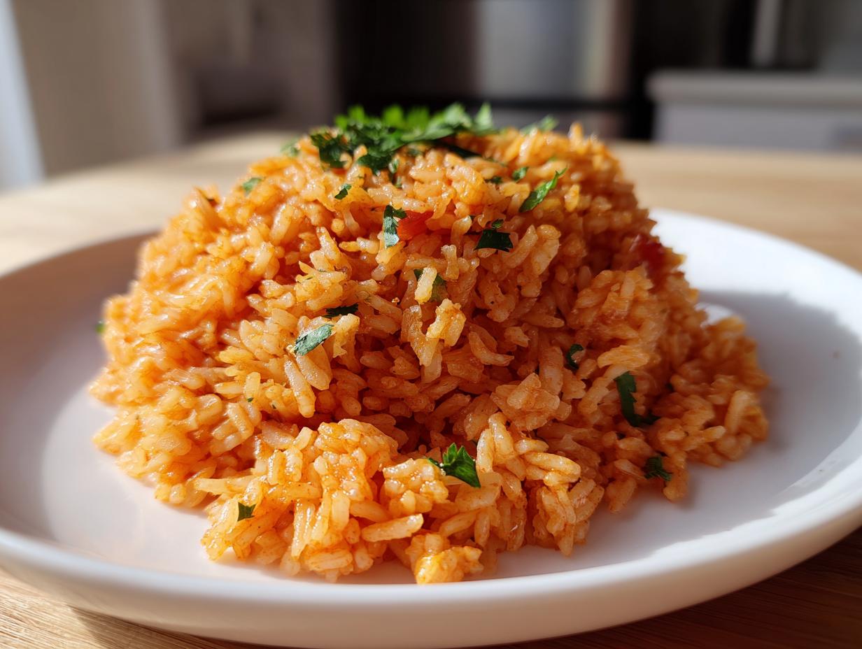 A mound of fluffy, orange-red Spanish rice garnished with fresh chopped parsley on a white plate.
