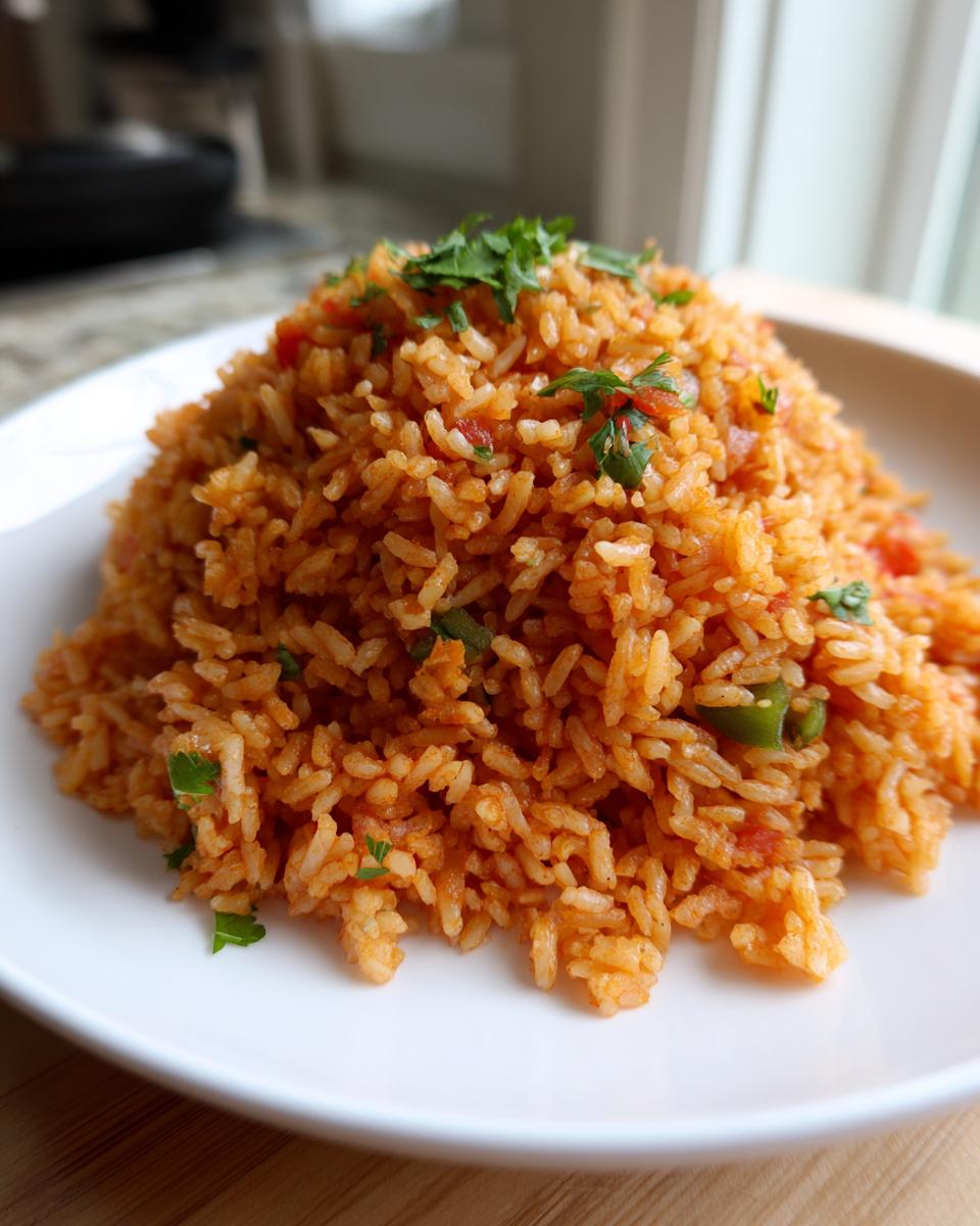 A mound of perfectly cooked, fluffy Spanish rice with visible tomato and green pepper pieces, topped with fresh cilantro.