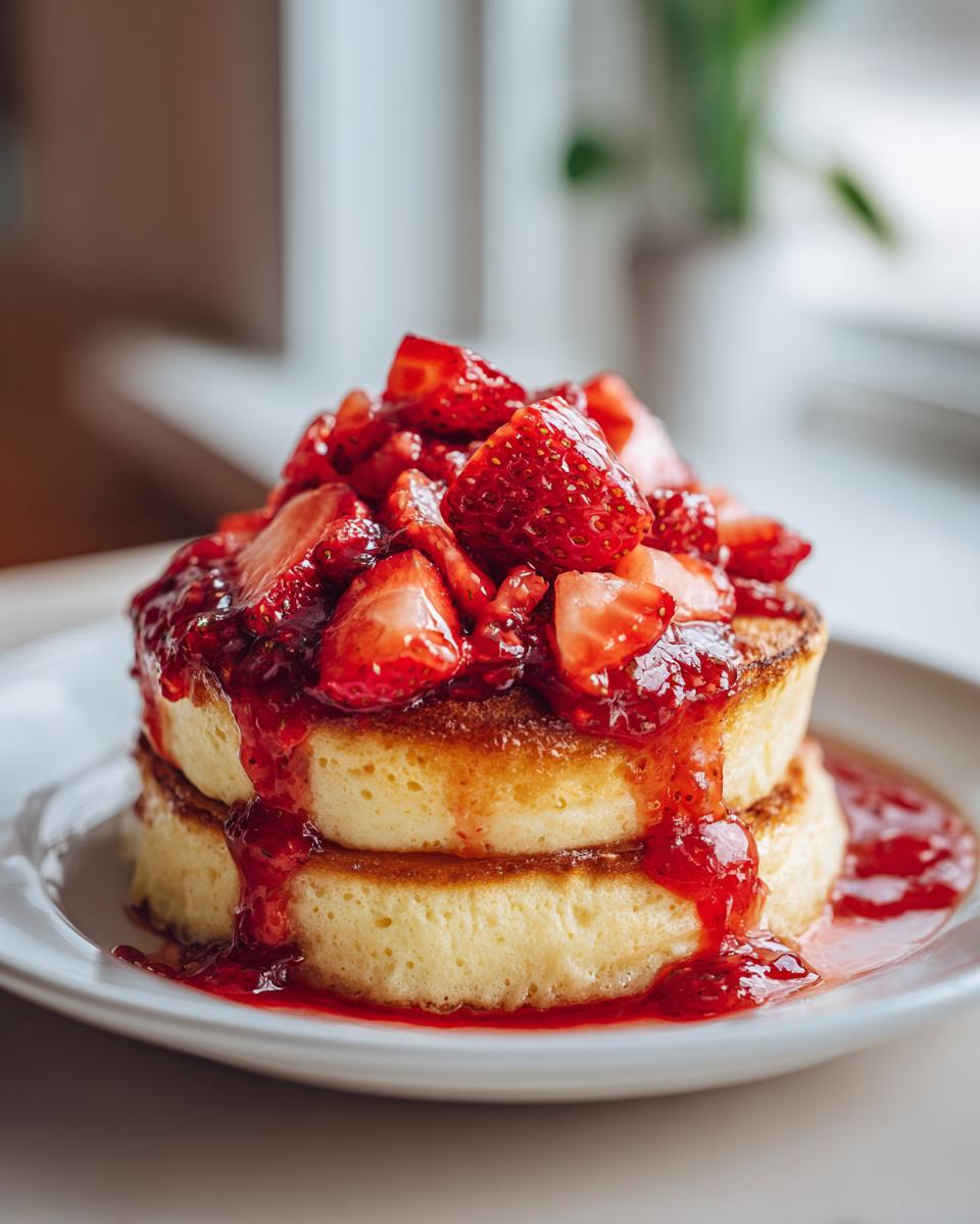 A close-up of two fluffy strawberry pancakes stacked and smothered in fresh strawberry sauce.