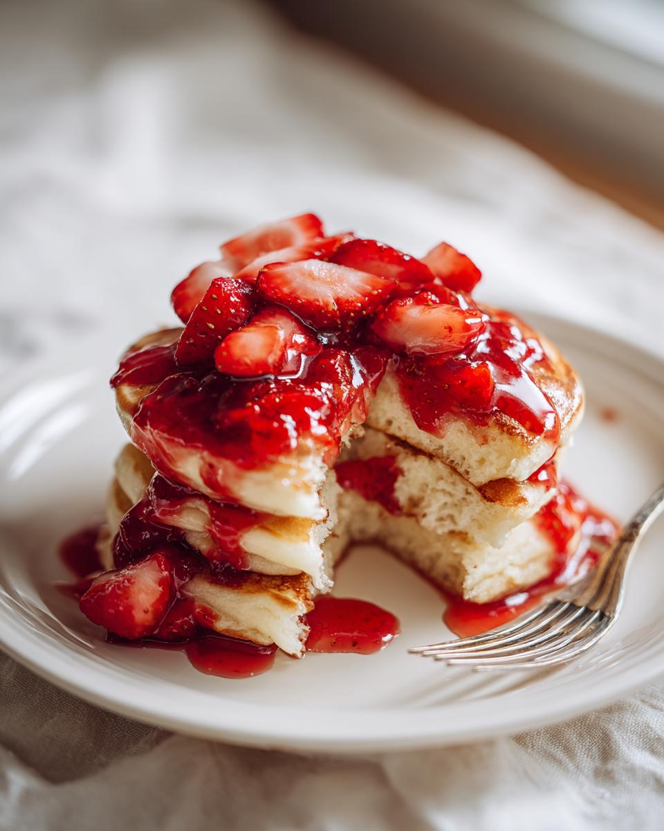 Close-up of fluffy strawberry pancakes stacked high, drizzled with strawberry sauce and fresh slices.