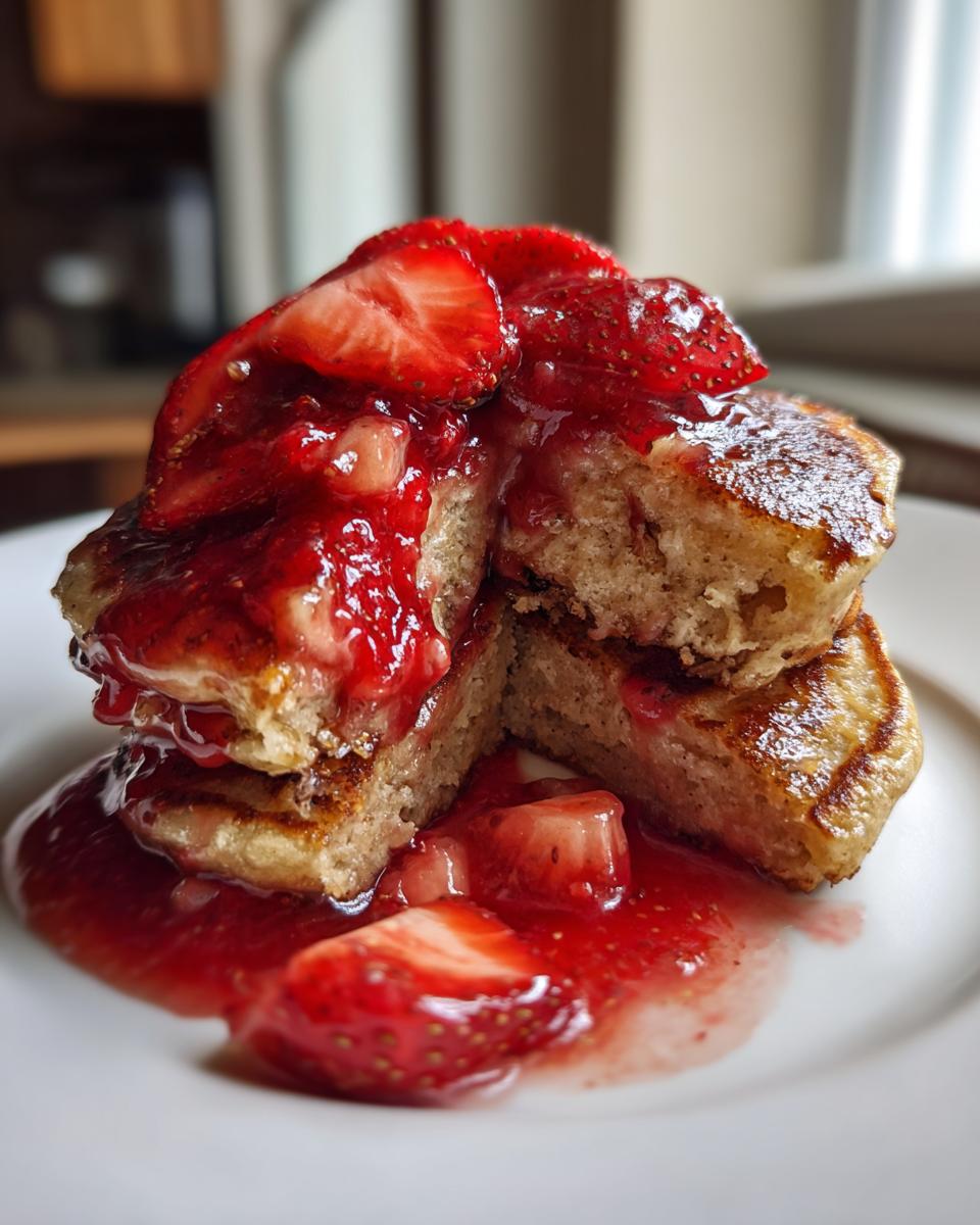 Close-up of a stack of fluffy strawberry pancakes cut in half, smothered in strawberry syrup and fresh slices.
