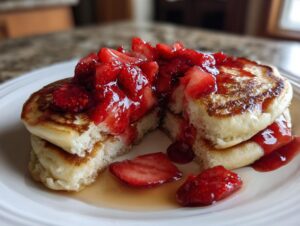 A stack of fluffy strawberry pancakes cut open, generously topped with macerated strawberries and syrup.