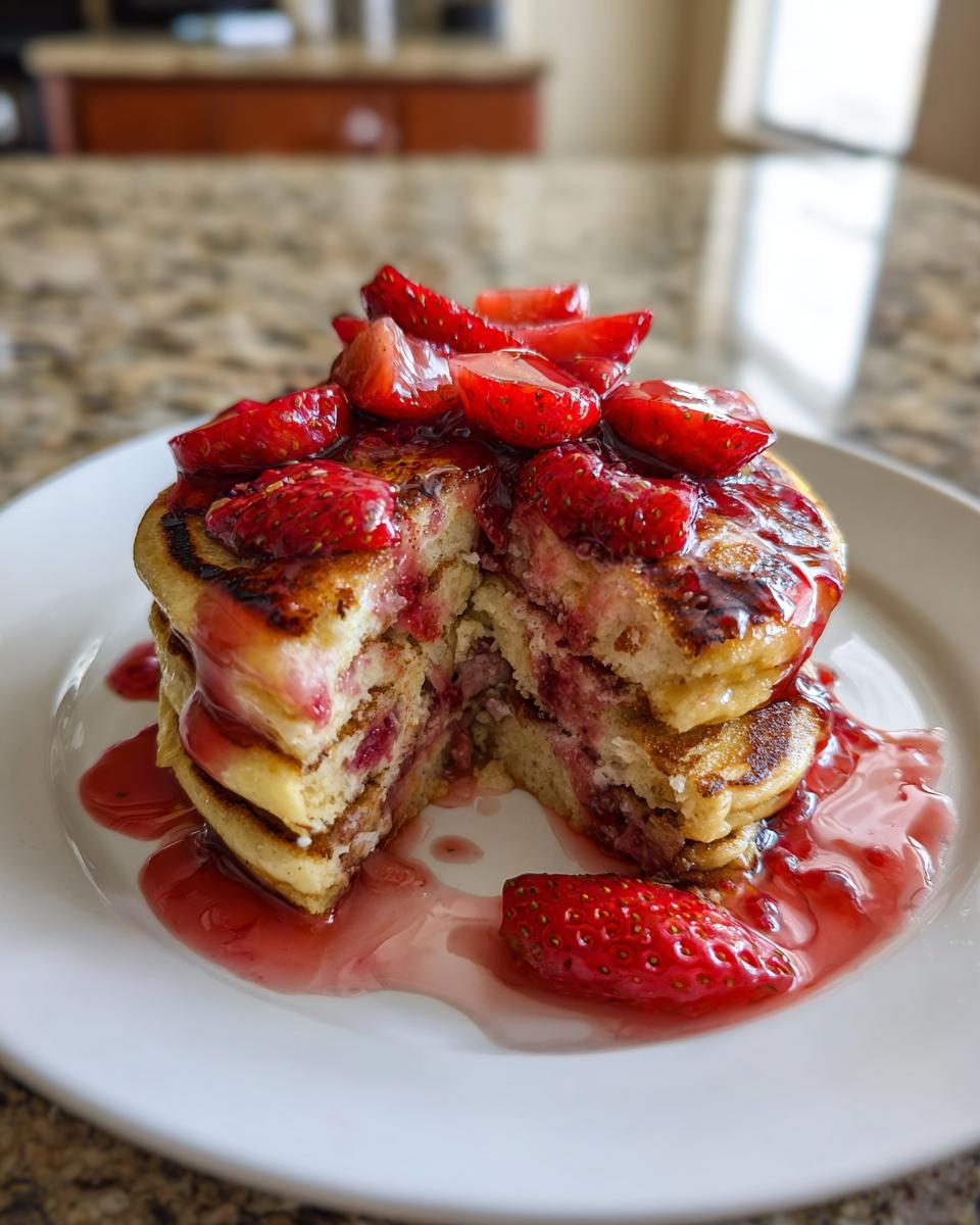 A stack of fluffy strawberry pancakes cut in half, topped with fresh strawberries and syrup.
