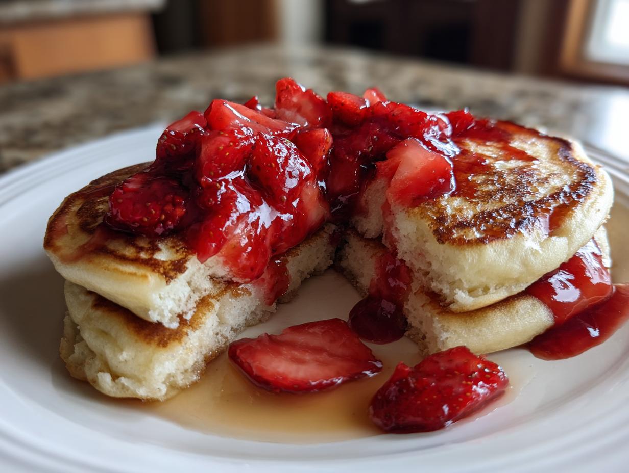 A stack of fluffy strawberry pancakes cut open, generously topped with macerated strawberries and syrup.