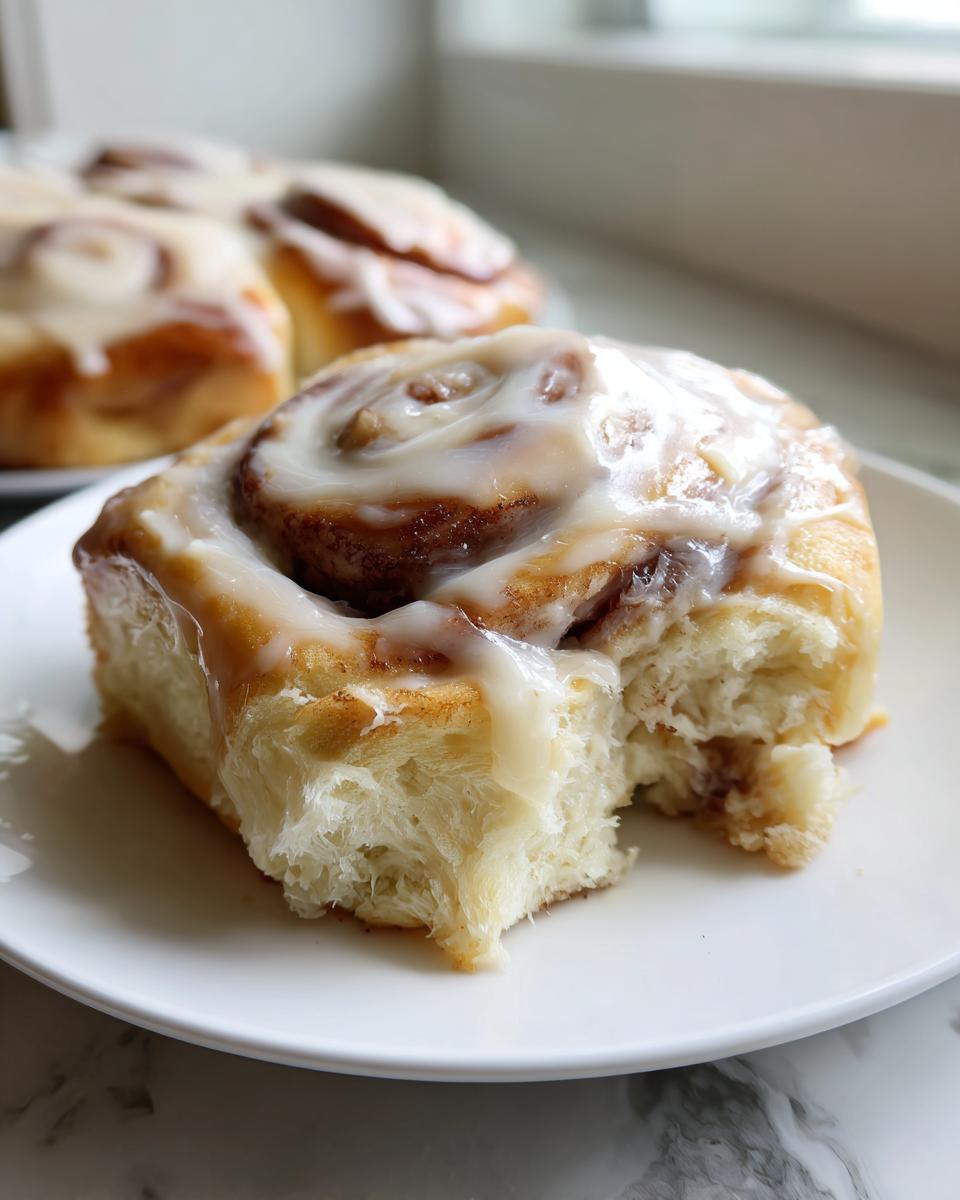 Close-up of a fluffy tiktok cinnamon rolls slice with a bite taken out, covered in thick white icing.