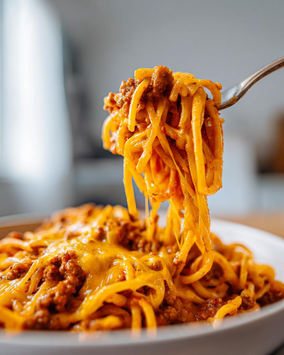A close-up shot of a fork lifting a generous portion of cheesy taco pasta, coated in a rich meat sauce.