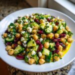 A vibrant bowl of fresh bean salad featuring chickpeas, kidney beans, cucumber, feta, and herbs.