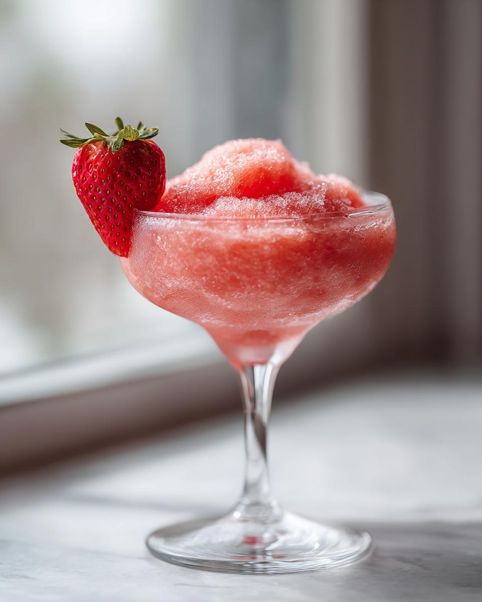 A frozen strawberry daiquiri served in a coupe glass, garnished with a fresh strawberry.