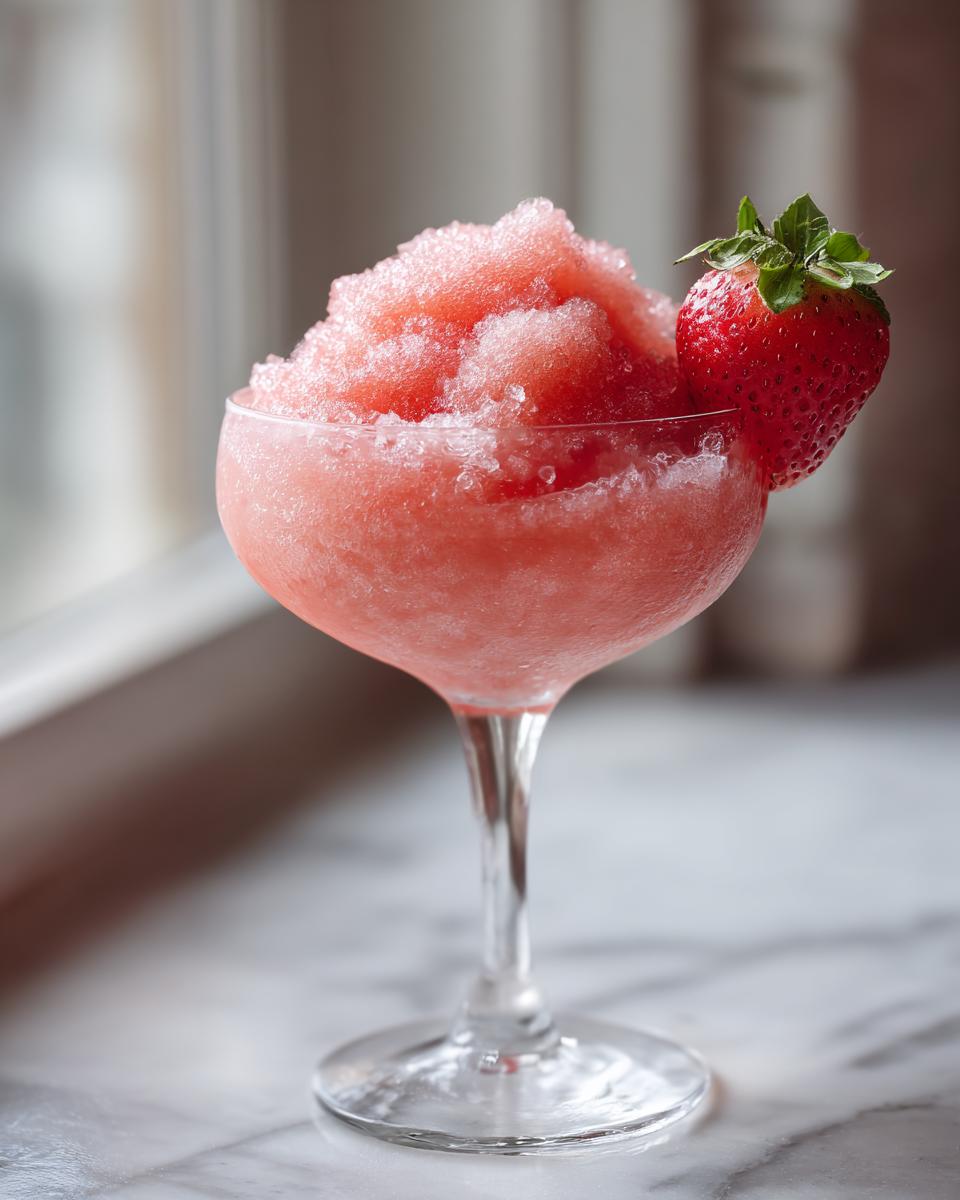 A frosty glass filled with a mound of bright pink frozen strawberry daiquiri, garnished with a fresh strawberry.