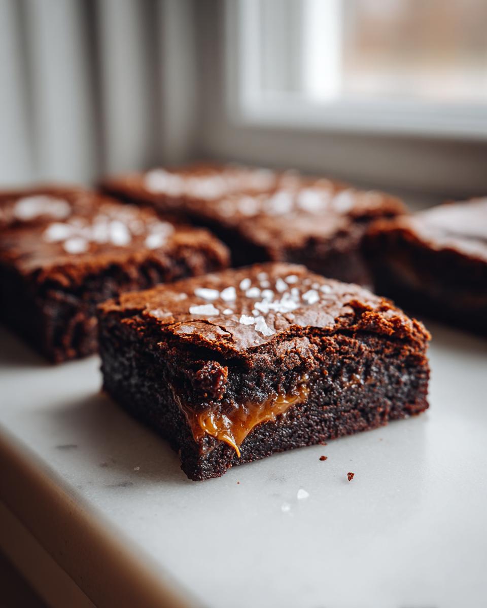 Close-up of a fudgy caramel brownie showing the gooey caramel center and flaky sea salt topping.
