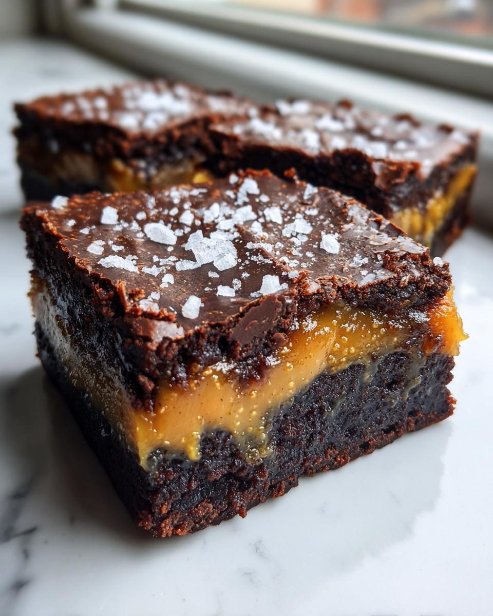 Close-up of a fudgy caramel brownie square topped with flaky sea salt.
