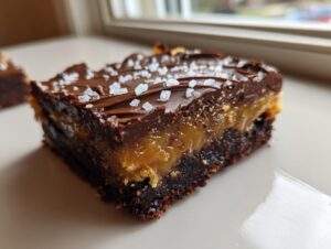 Close-up of a fudgy caramel brownies square topped with chocolate ganache and flaky sea salt.