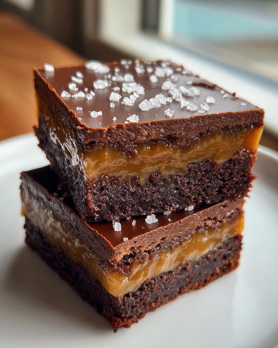 Two stacked squares of fudgy caramel brownies topped with chocolate ganache and flaky sea salt.