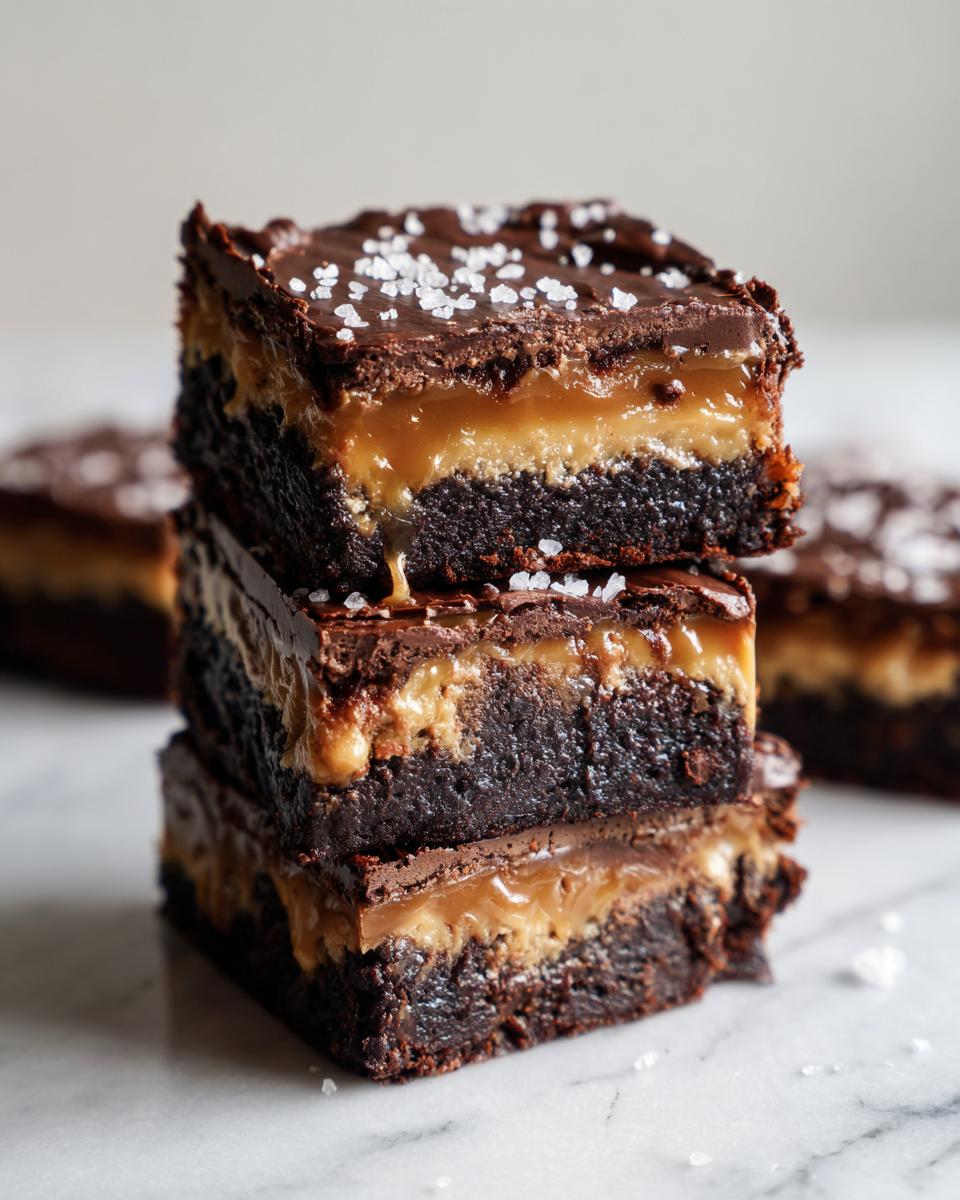 A stack of three fudgy caramel brownies topped with chocolate ganache and flaky sea salt.