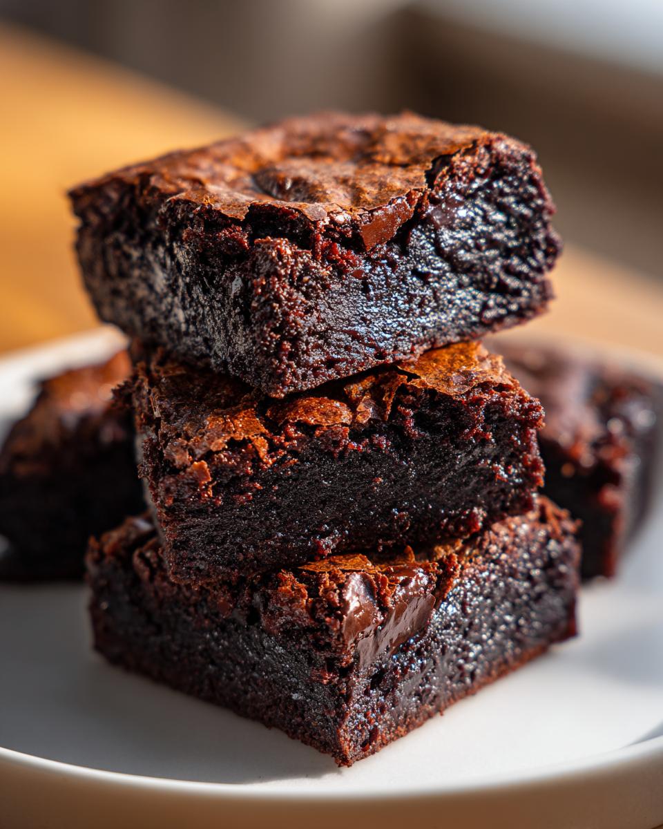Close-up of three fudgy vegan brownies stacked on a white plate, showing their shiny, crackly tops.