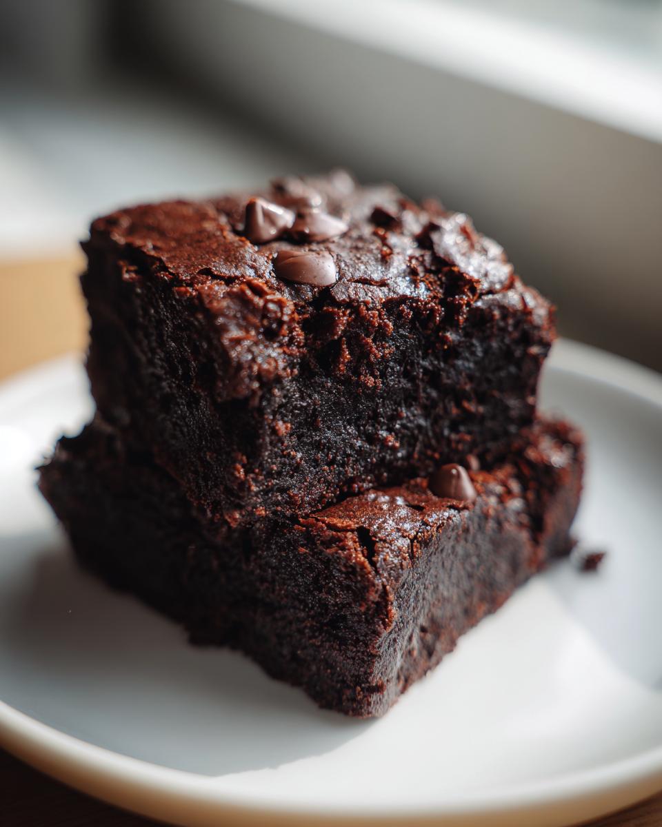 Two stacked, fudgy vegan brownies topped with melted chocolate chips, sitting on a white plate.