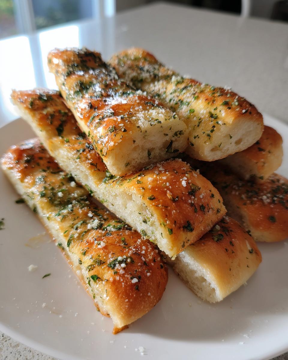 A stack of freshly baked garlic breadsticks, glistening with butter and topped with grated parmesan and parsley.