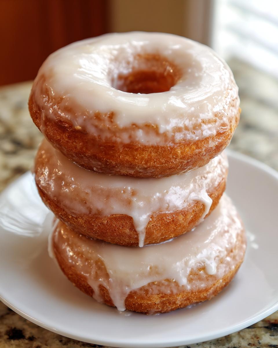 A vertical stack of three golden brown cake donuts covered in a thick, dripping white glaze.