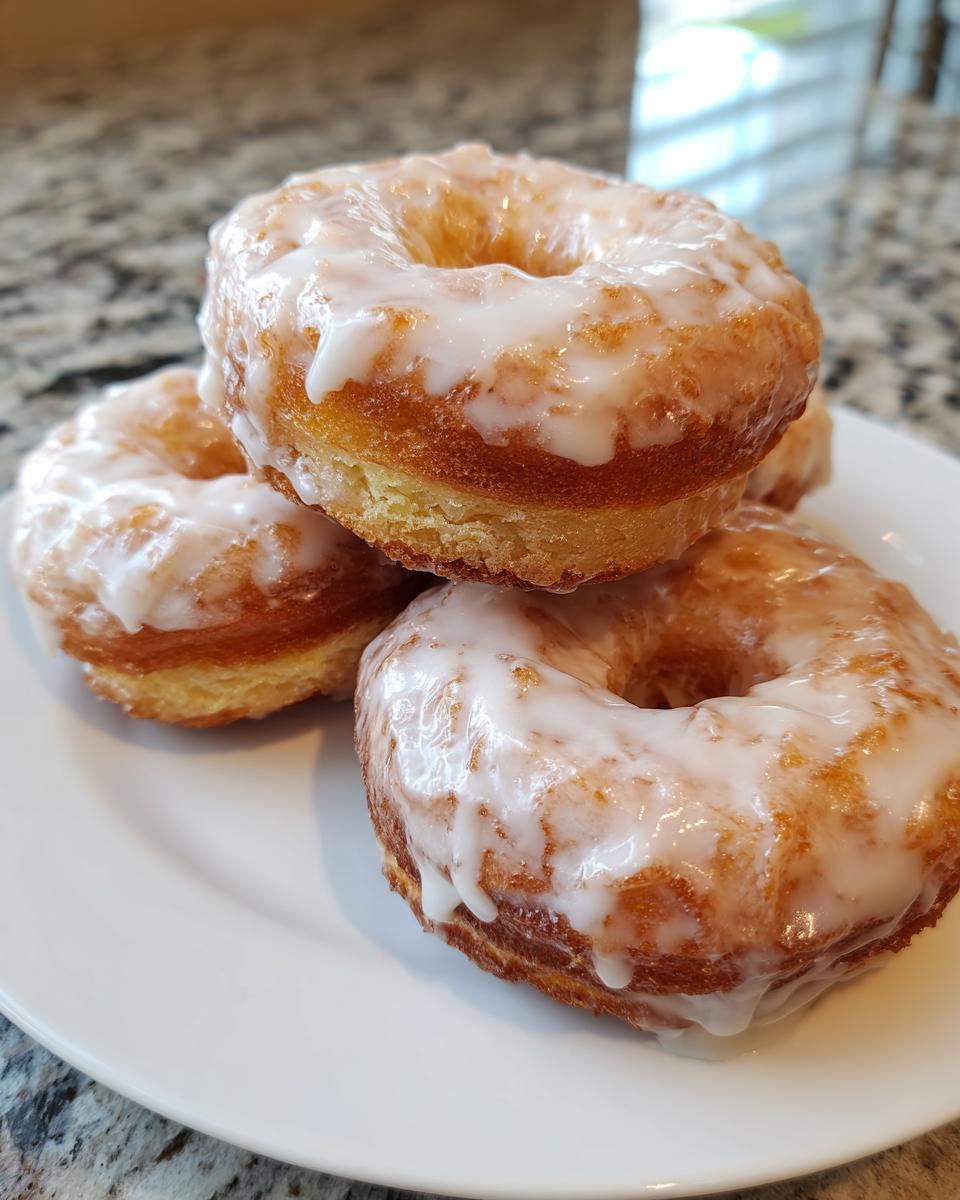 Close-up of several freshly glazed cake donuts stacked on a white plate.