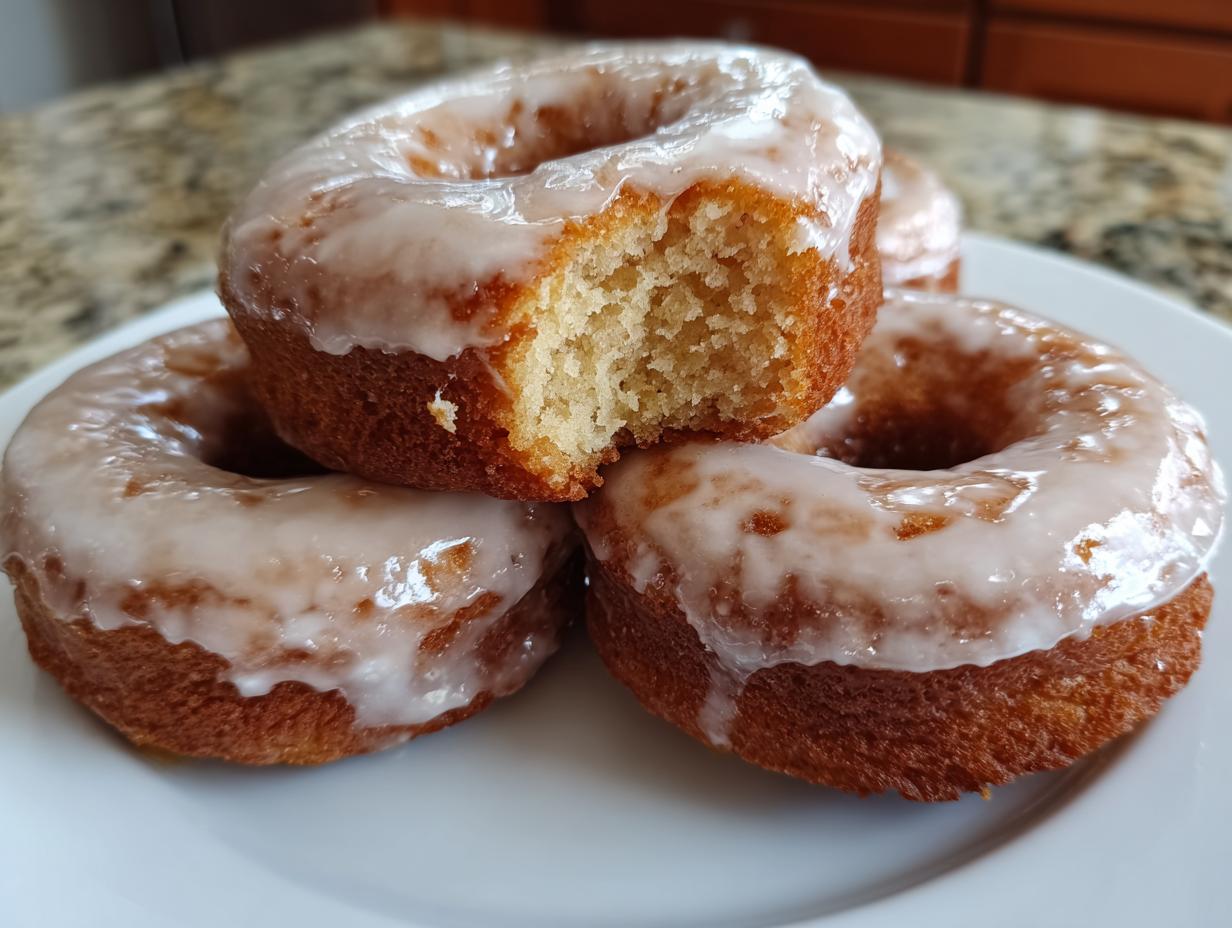 Close-up of three glazed cake donuts stacked on a white plate, one having a bite taken out showing the crumb.