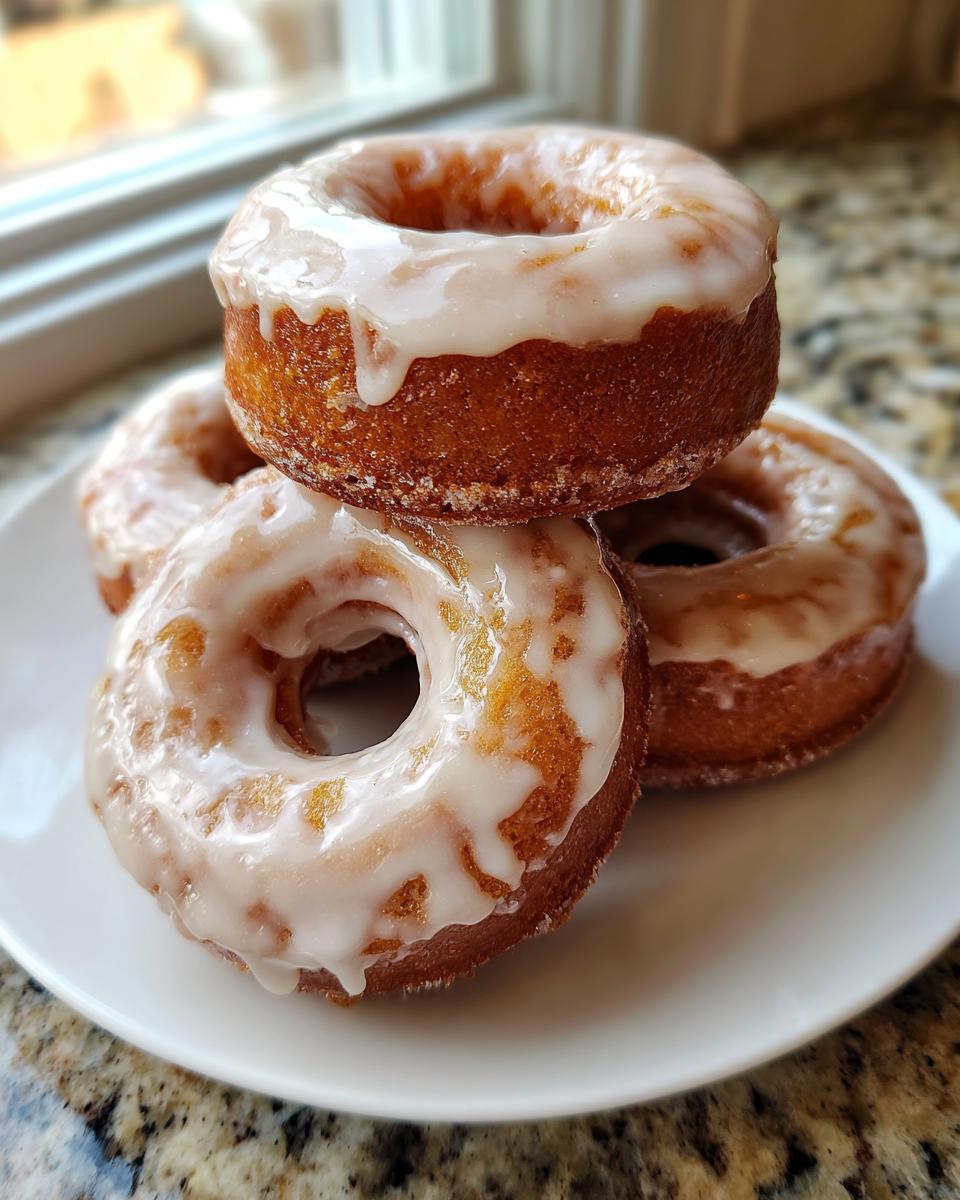 A stack of four freshly glazed cake donuts resting on a white plate near a window.