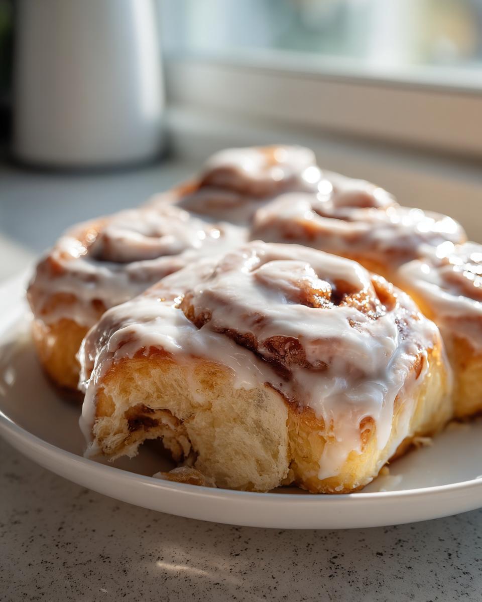 Close-up of fluffy, freshly baked tiktok cinnamon rolls covered in thick white icing, sitting on a white plate.