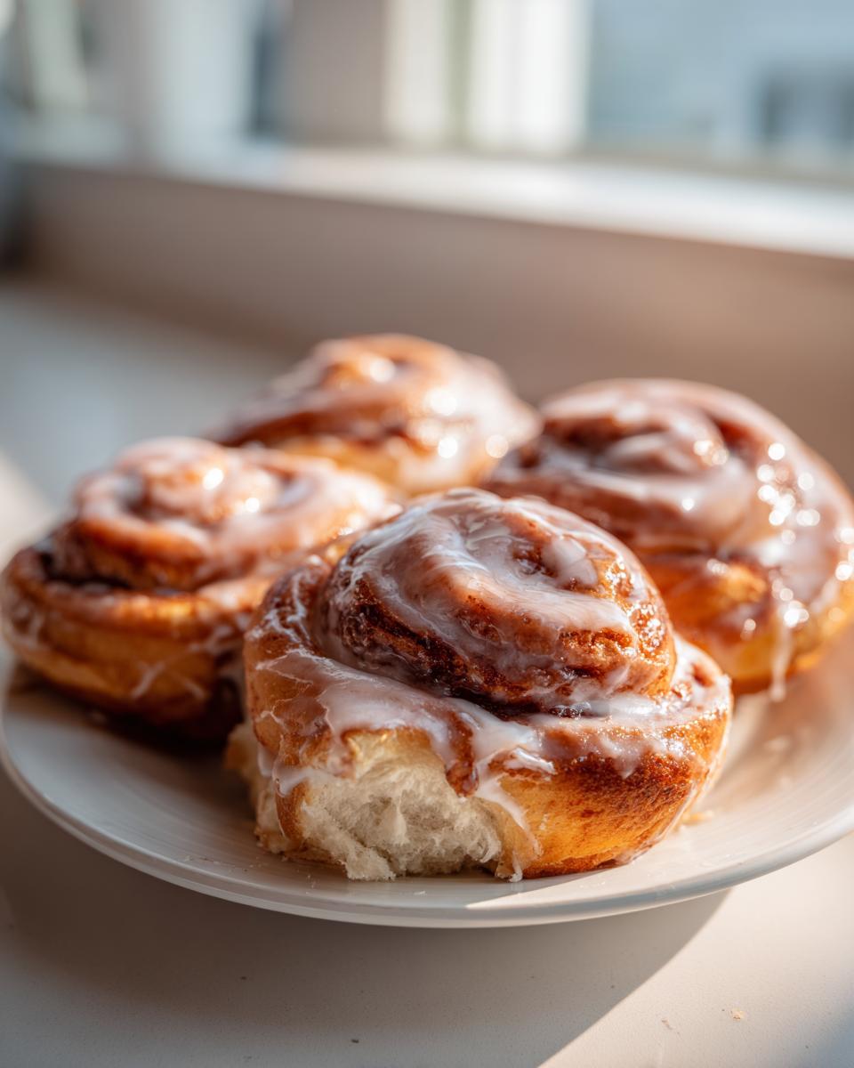 Close-up of four freshly baked, glazed tiktok cinnamon rolls piled on a white plate near a sunny window.