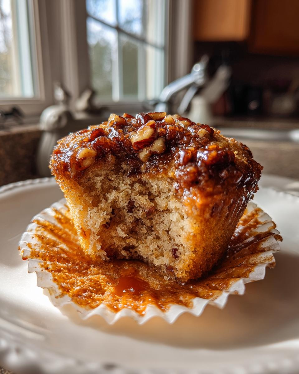 A gooey pecan pie muffin with a bite taken out, showing the moist interior and sticky pecan topping.