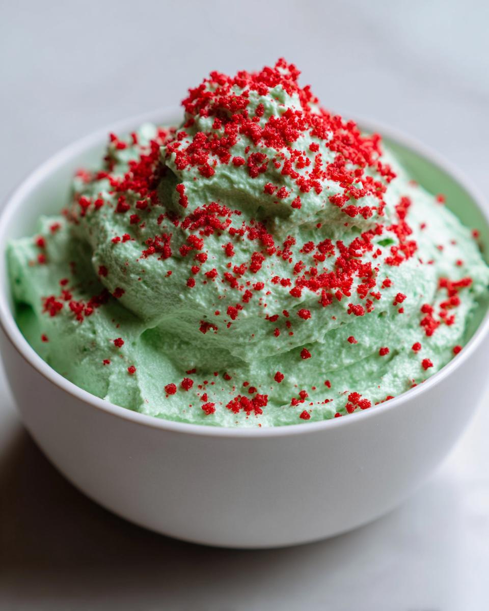 Close-up of bright green grinch dip served in a white bowl, topped generously with red sprinkles.