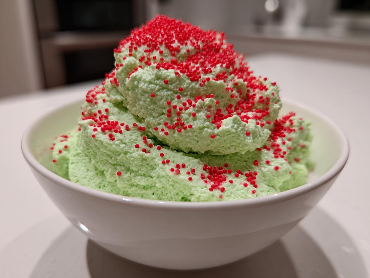 Close-up of bright green Grinch dip mounded high in a white bowl and covered in red nonpareil sprinkles.