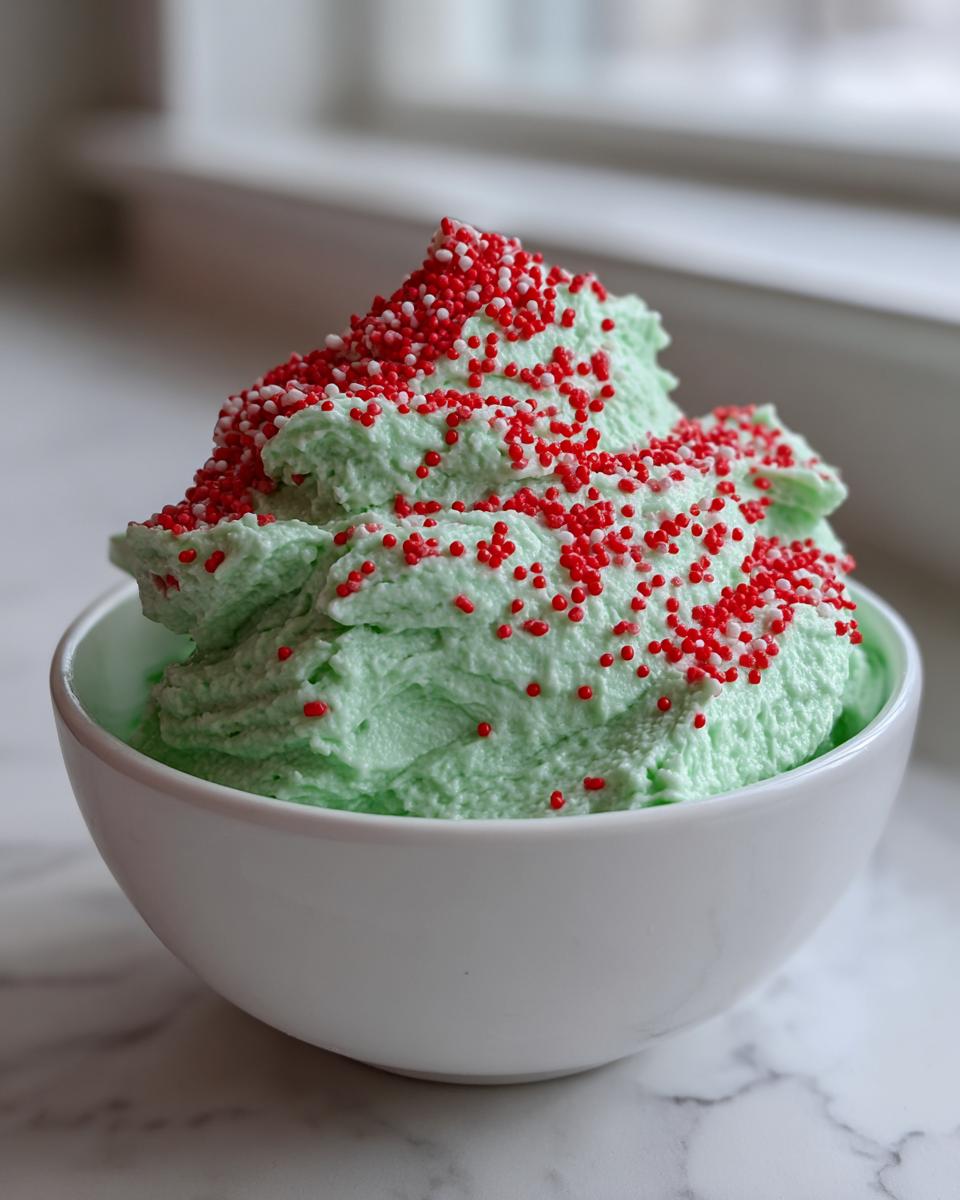 A bowl of bright green grinch dip, swirled high and topped generously with red and white holiday sprinkles.