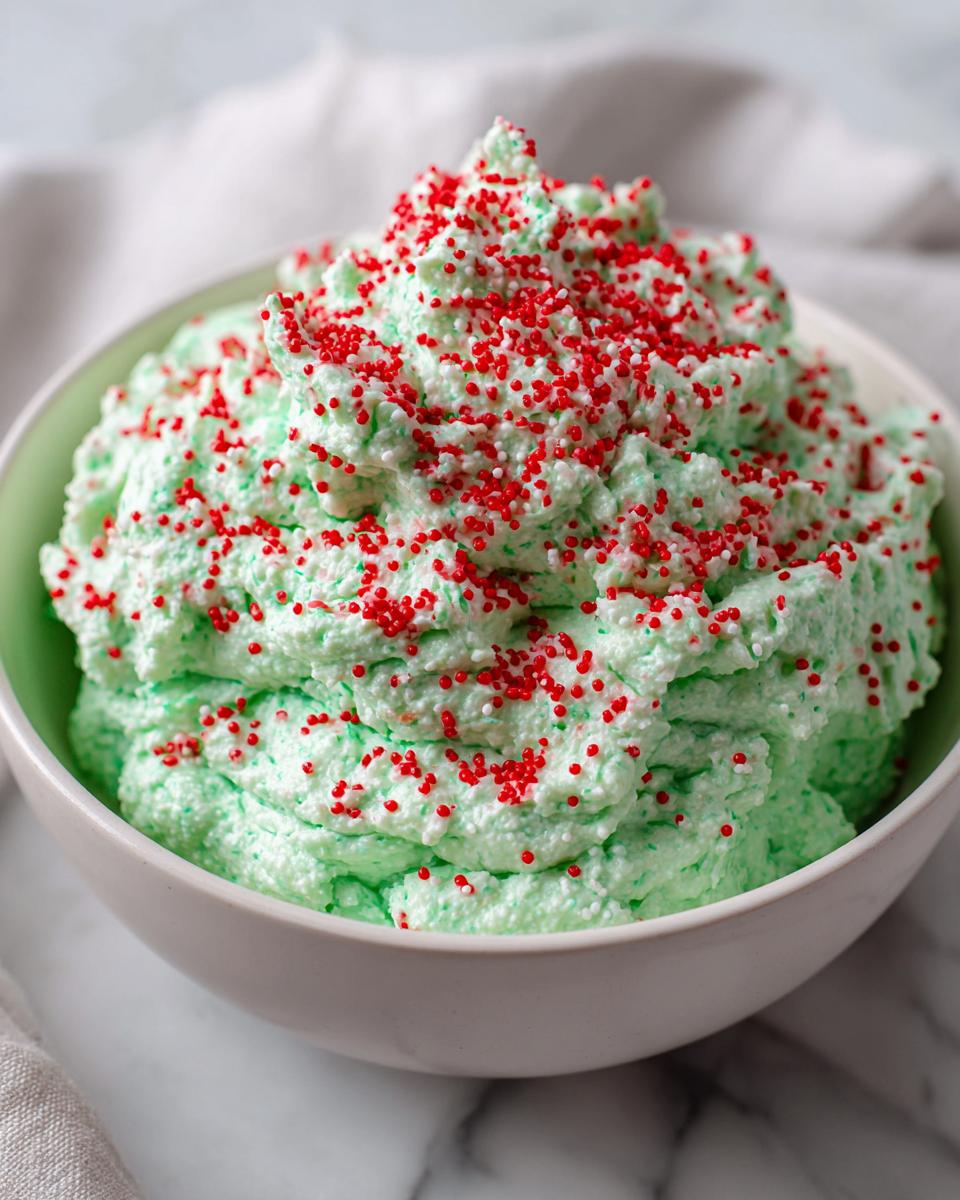 Close-up of bright green Grinch dip topped generously with red and white holiday sprinkles in a white bowl.