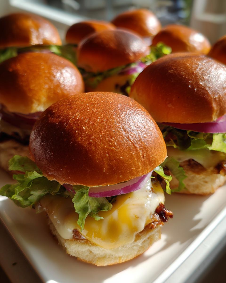 Close-up of delicious grinder sliders topped with melted cheese, lettuce, and red onion on brioche buns.