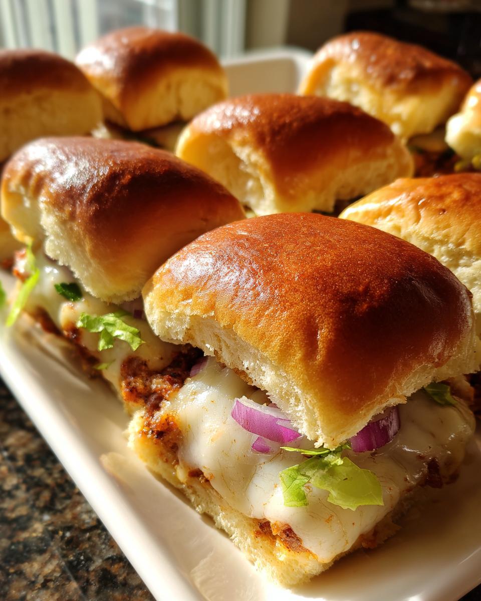 Close-up of freshly baked grinder sliders topped with melted white cheese, red onion, and lettuce.