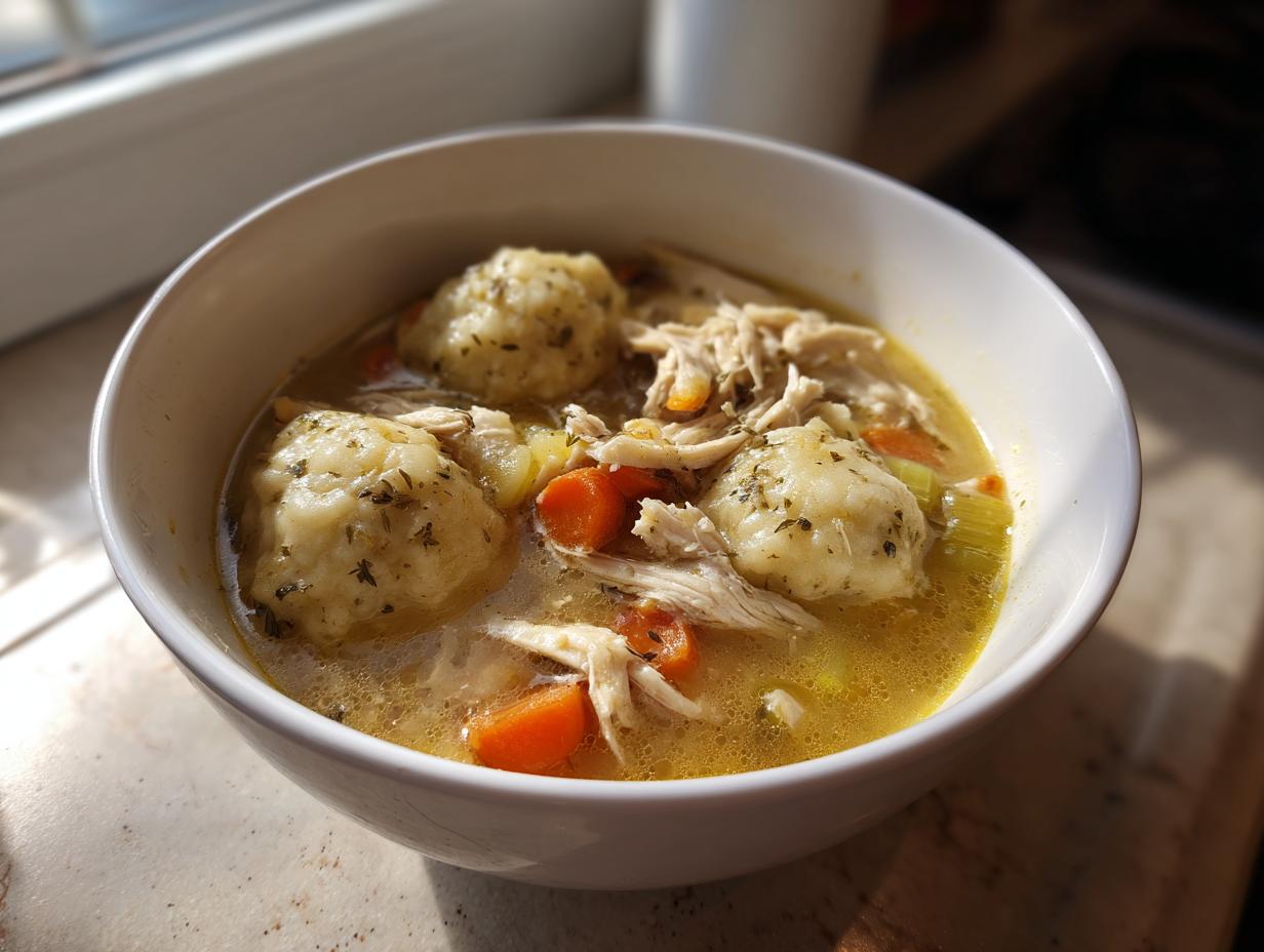 A close-up of a white bowl filled with rich chicken and dumplings stew, featuring shredded chicken, carrots, and herb-flecked dumplings.