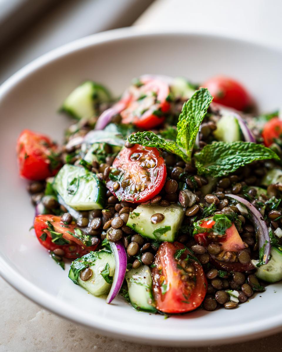 Close-up of a fresh lentil salad featuring brown lentils, chopped tomatoes, cucumber, red onion, and mint garnish.