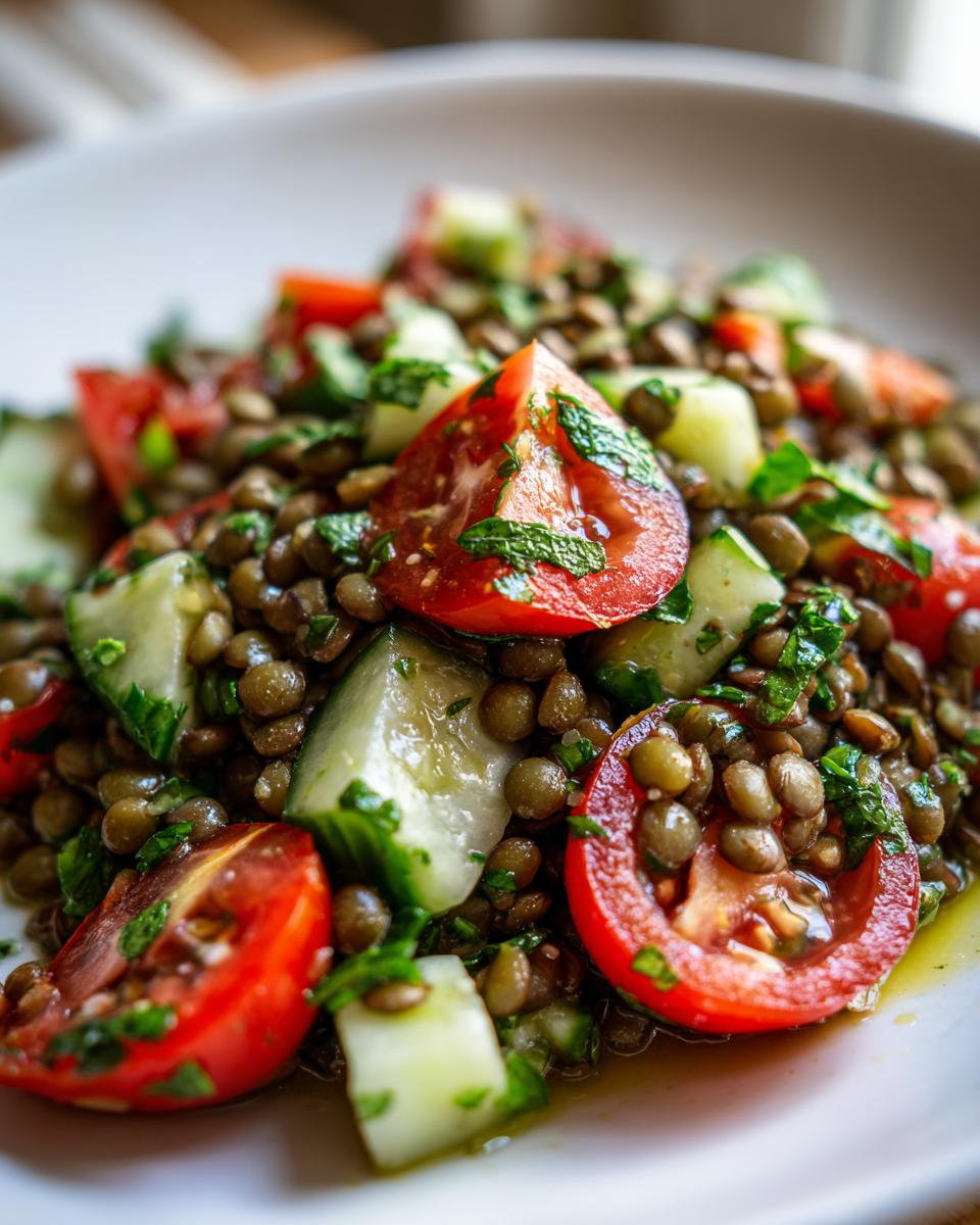 Close-up of a vibrant lentil salad featuring cooked lentils, bright red tomato wedges, and chunks of cucumber, drizzled with dressing.