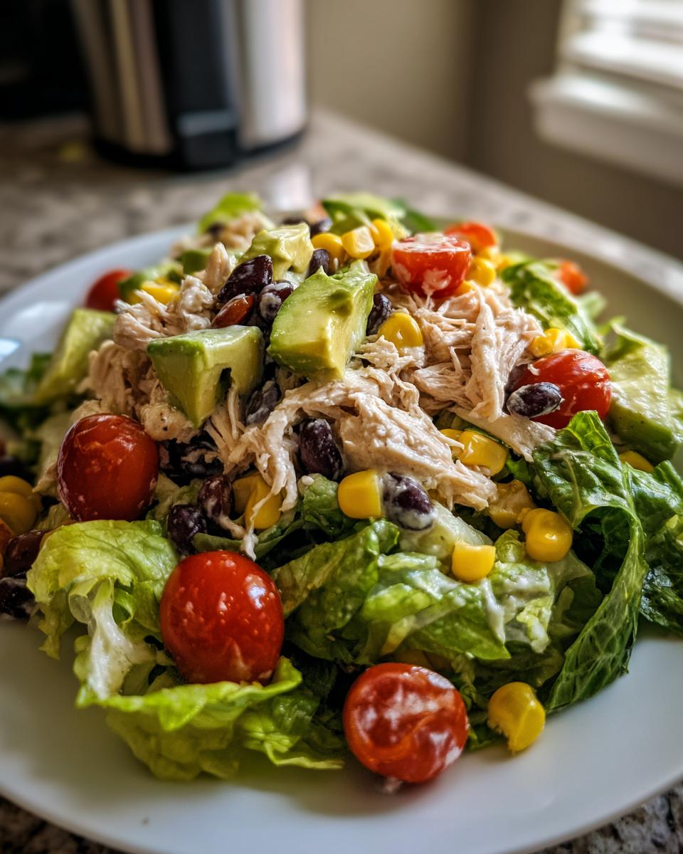 Close-up of a vibrant high protein salad featuring shredded chicken, avocado, black beans, corn, and cherry tomatoes on lettuce.