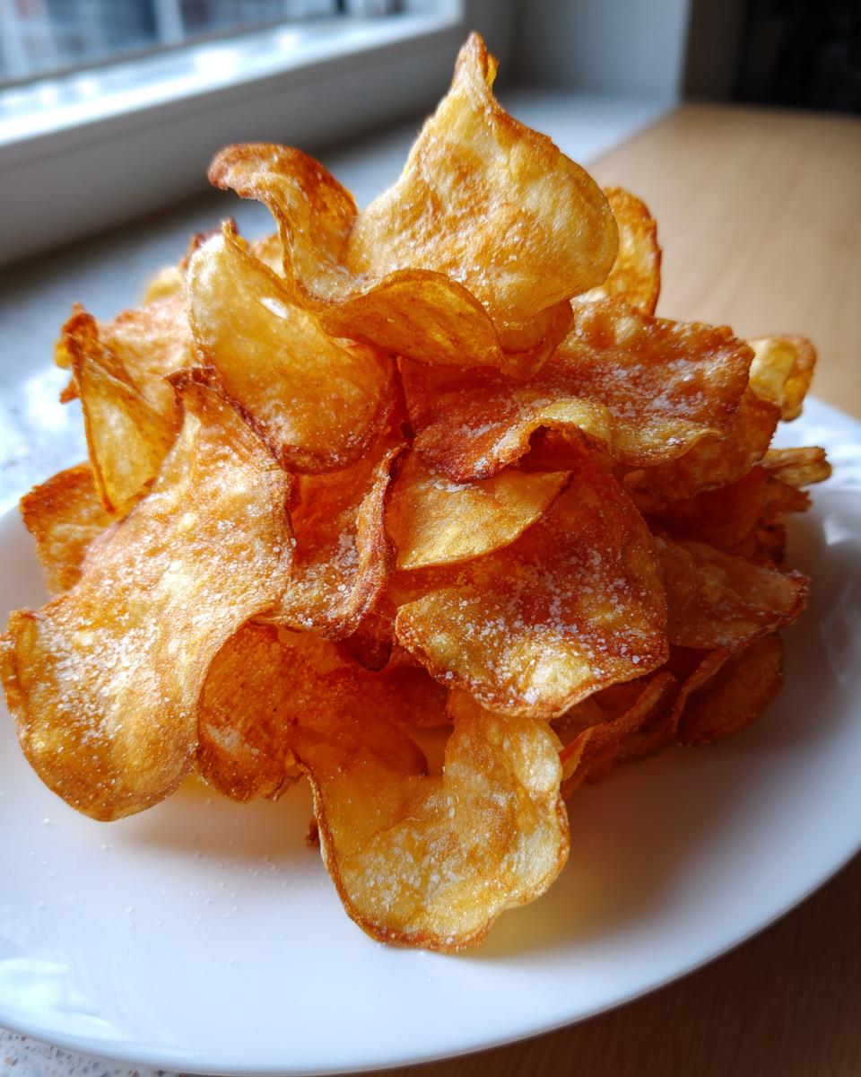A pile of golden, crispy homemade potato chips sprinkled with salt, ready to eat.