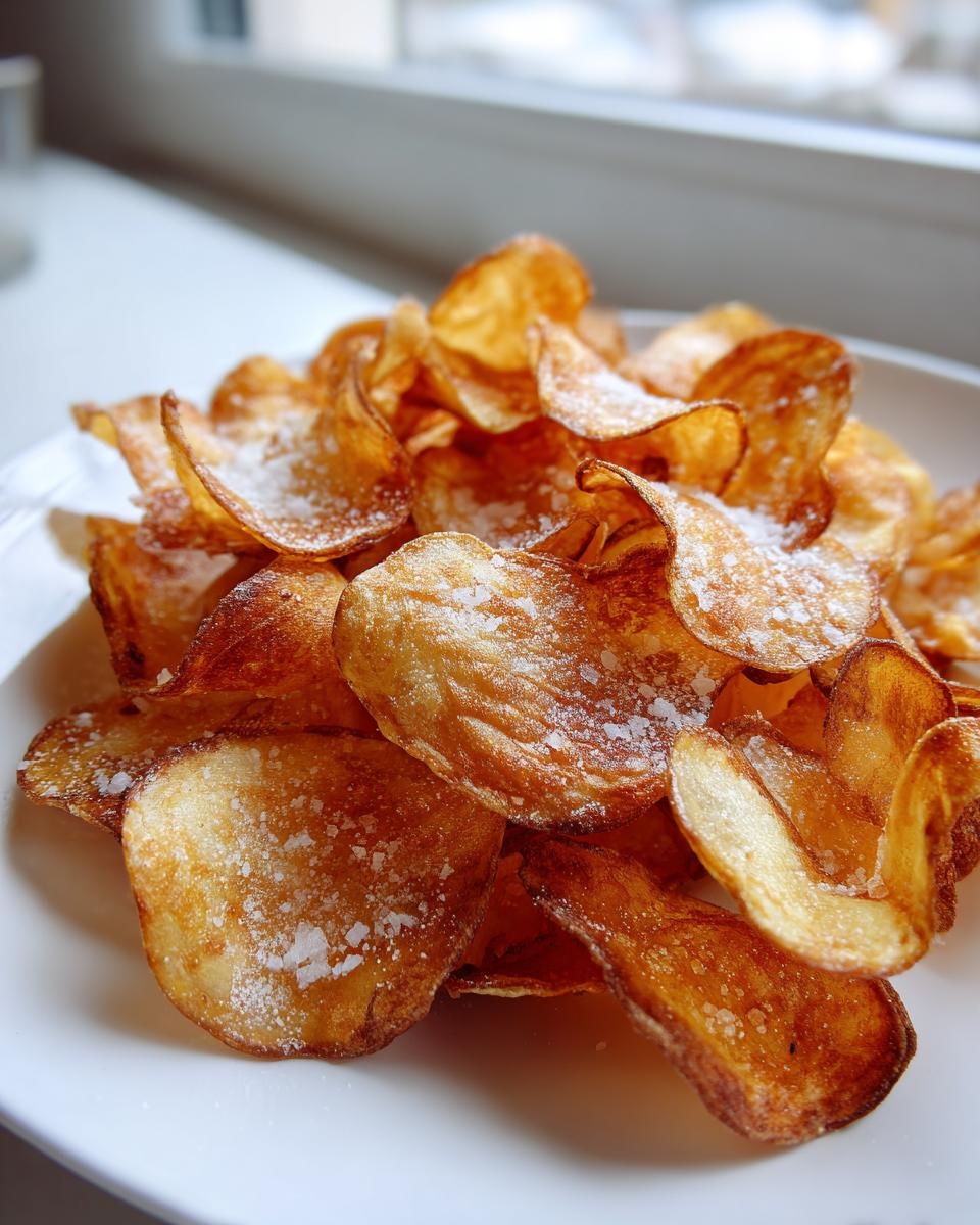 A pile of golden, homemade potato chips sprinkled generously with coarse salt, ready to eat.