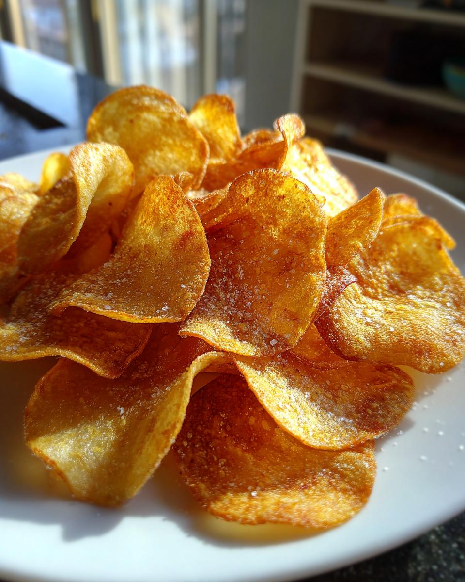 A close-up of golden, wavy homemade potato chips sprinkled with coarse salt on a white plate.