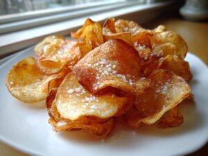 A pile of golden, crispy homemade potato chips sprinkled with flaky sea salt on a white plate.