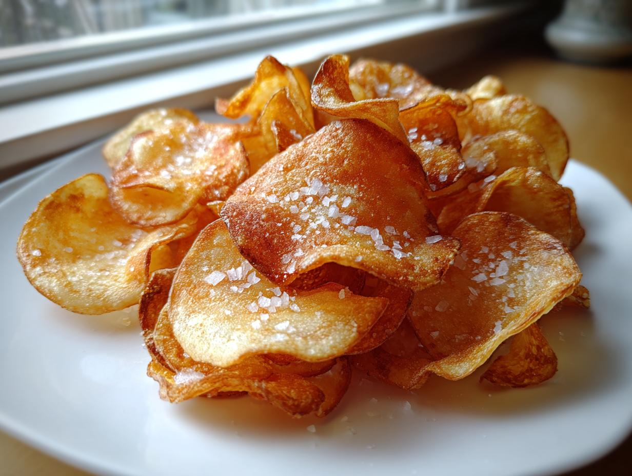 A pile of golden, crispy homemade potato chips sprinkled with flaky sea salt on a white plate.