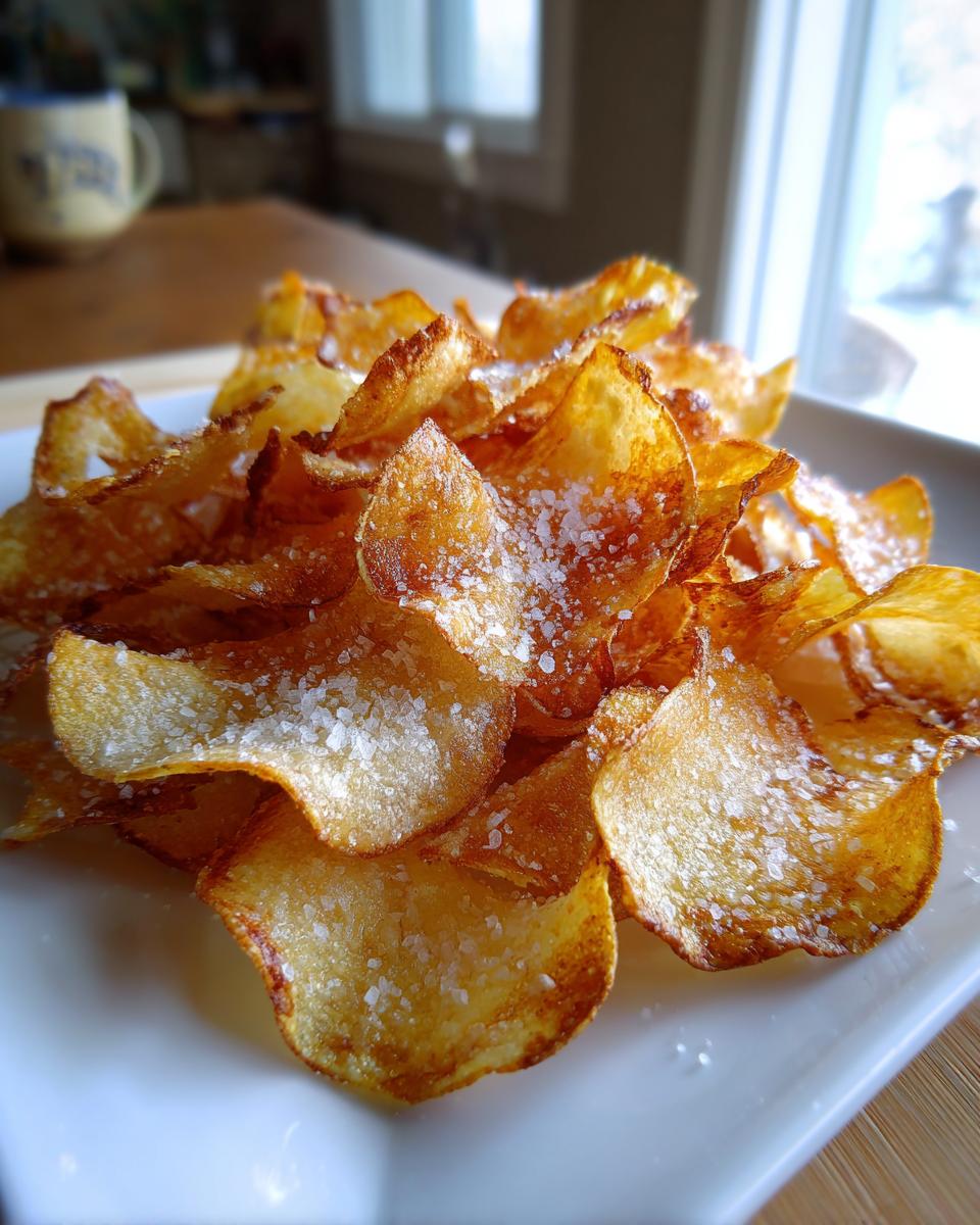 A pile of golden, homemade potato chips generously sprinkled with coarse sea salt, ready to eat.