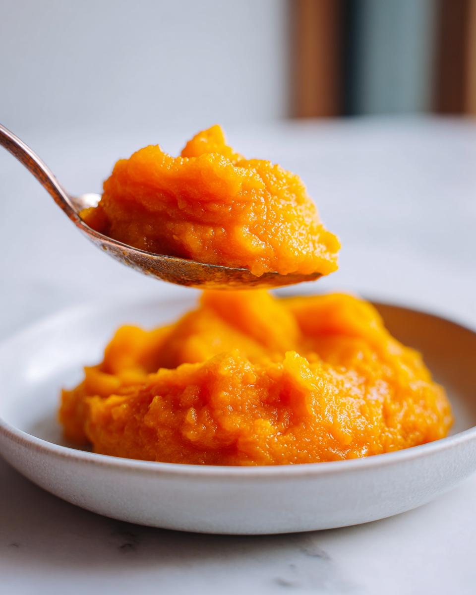 A spoonful of bright orange, homemade pumpkin puree being lifted above a small white bowl of more pumpkin puree.