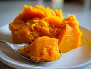 A spoonful of vibrant orange homemade pumpkin puree being lifted from a mound on a white plate.