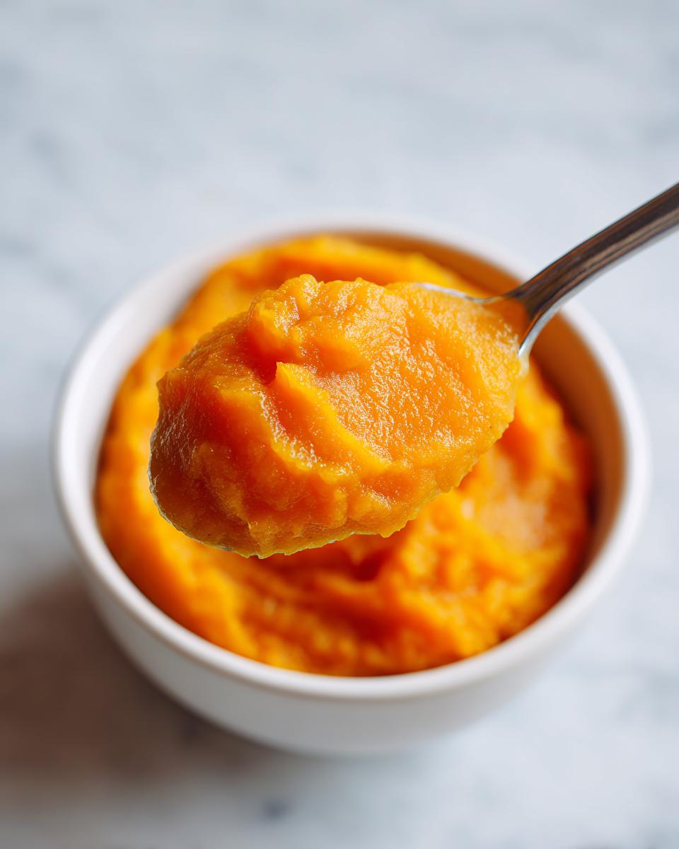 A spoonful of bright orange homemade pumpkin puree being lifted from a small white bowl.