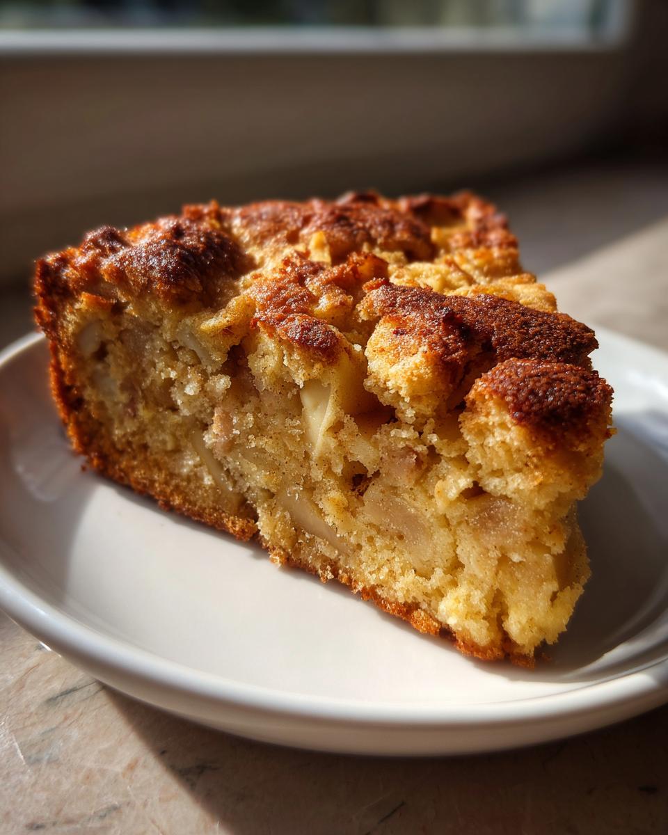 A close-up slice of moist jewish apple cake with visible apple chunks and a golden brown crumb topping.