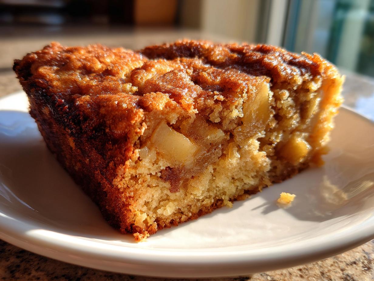 Close-up of a moist slice of jewish apple cake showing chunks of baked apple and a golden-brown crust.